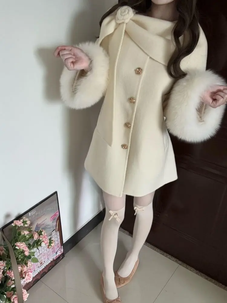 

Зимний французский элегантный женский плащ Kawaii, утепленный теплый плащ на пуговицах, корейская модная накидка, шерстяной дизайн, шикарная ветровка