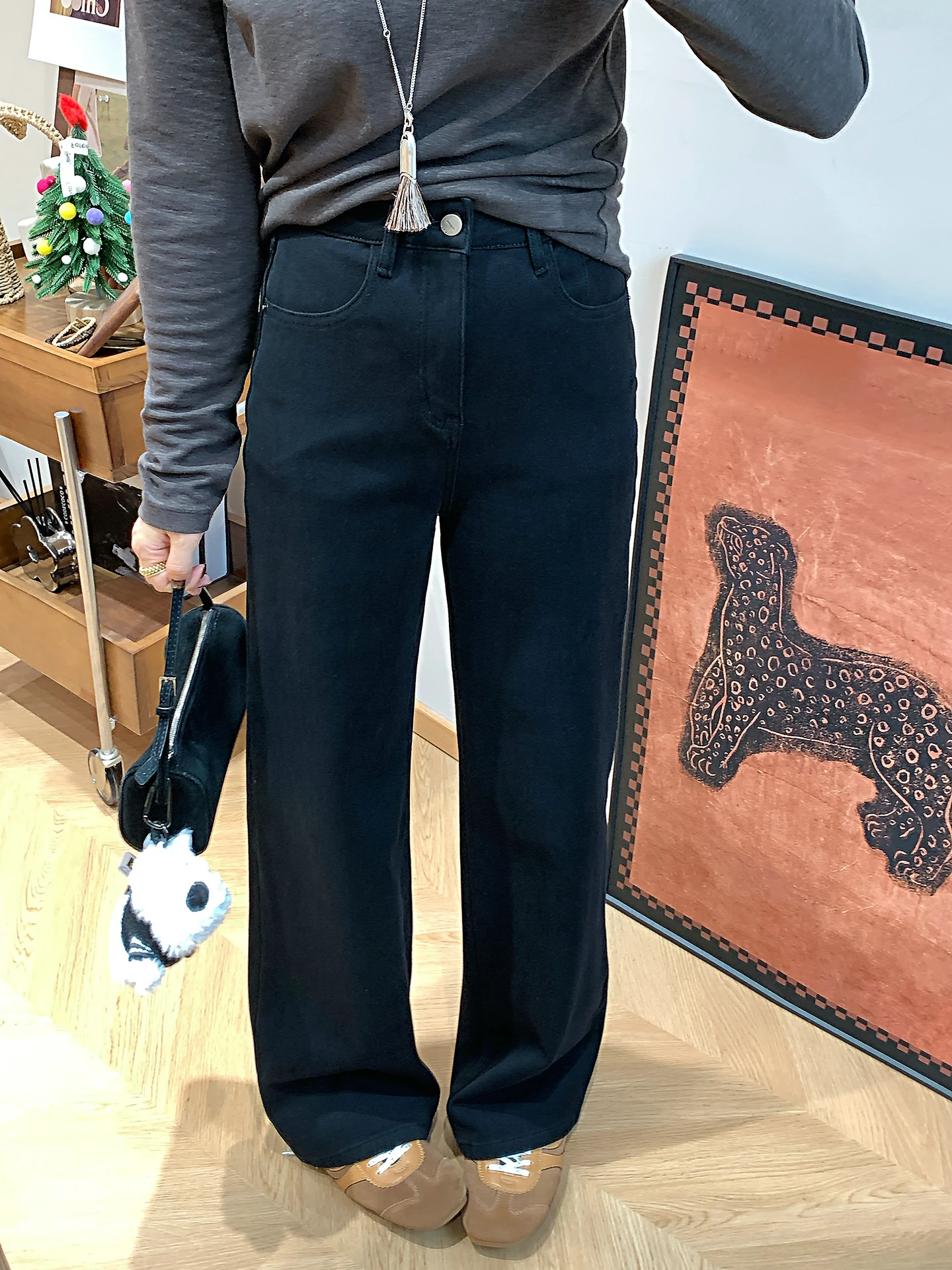 

Женские джинсы с высокой талией, расклешенные, прямые, на подкладке, зимние, новые, эластичные, с четырехсторонним растяжением, утягивающие, широкие брюки