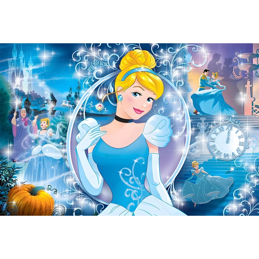 Cinderella Backdrop Blue Dress Blonde Princess Girls Birthday Party Decortion Banner Clock Baby Shower Custom Background