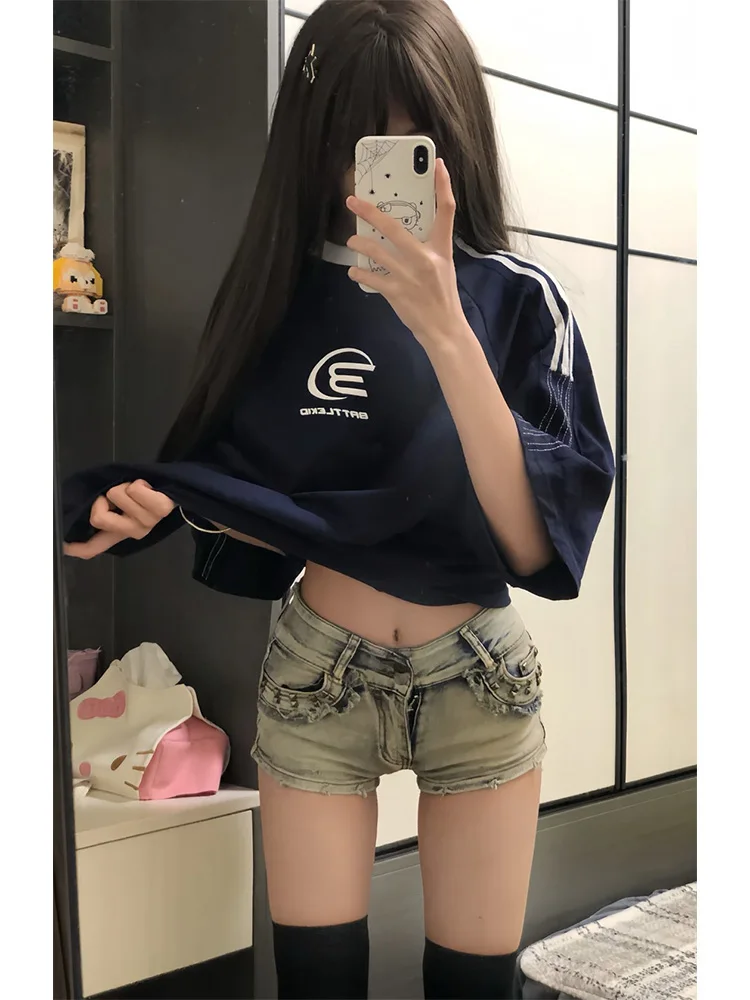 

Винтажные американские ор для женщин, дизайн для похудения с низкой талией, летние сексуальные, самые популярные модные, с широкими штанинами, укороченные синие джинсы цвета индиго