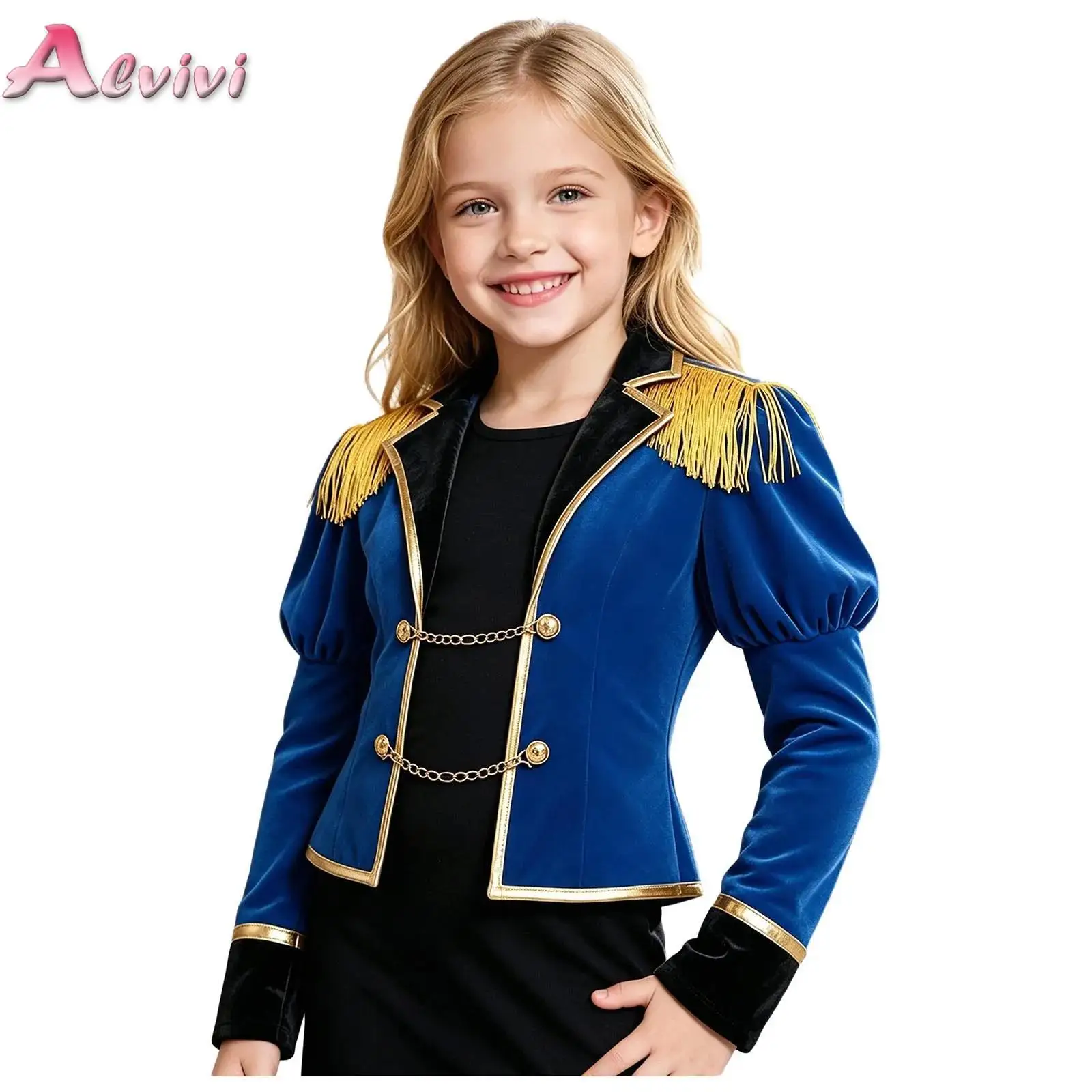 Kids Girls Circus Ringmaster Costume Lapel Collar Long Puff Sleeve Fringe Epaulet Metal Chain Front Jacket for Christmas Party