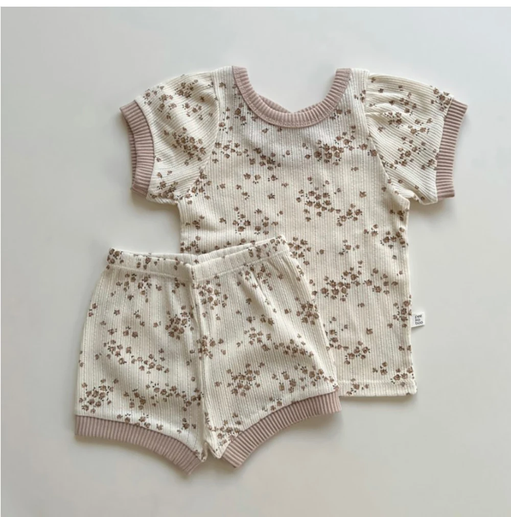 New Korean version 0-1-year-old baby home floral knitted cotton short-sleeved T-shirt shorts two-piece comfortable casual suit