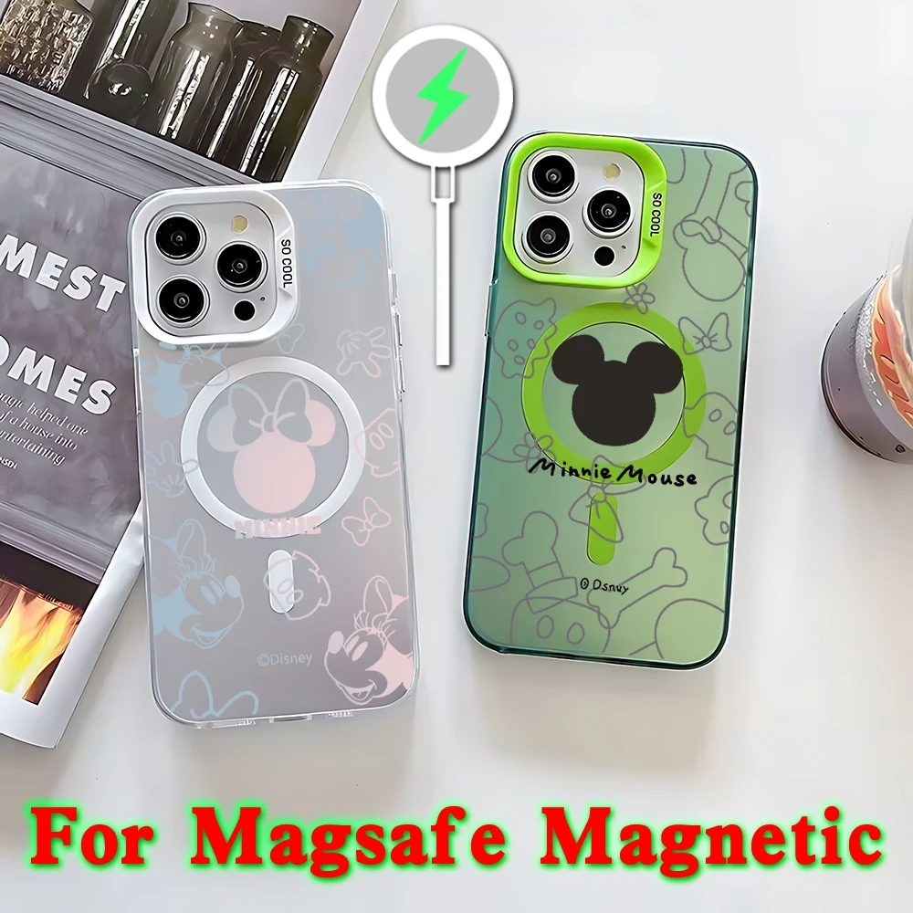 Cute Mickey Minnie Magnetic Phone Case for IPhone 11 12 13 14 15 Pro Max Plus Lens Border Silver Plated Inside Hard TPU Cover