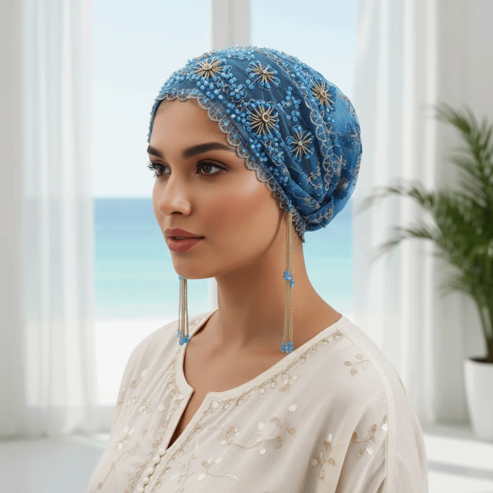 Shiny Beads Turban Hat Long Tassel Sheer Mesh Indian Headscarf Lightweight Flower Embroidery Fishtail Cap Fashion Ladies