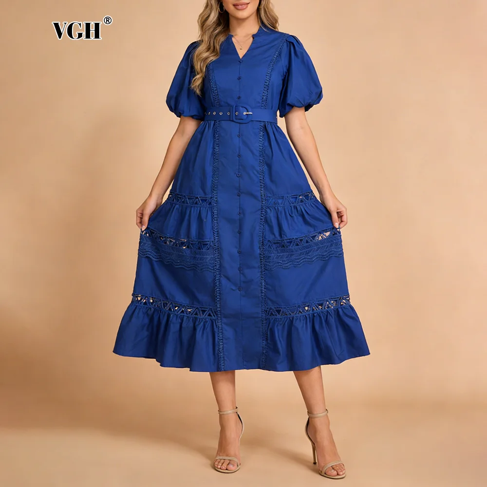 

VGH Retro Romantic Blue Lace Trimmed Mid Dress for Women V Neck Puff Sleeve Belted Decoration Tiered Dresses for Art Exhibitions