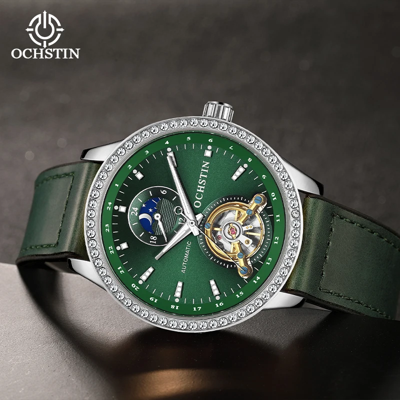 OCHSTIN Automatische Herrenuhr Luxus Diamantgehäuse AM PM 24H Tourbillon Skelett Smaragd-Zifferblatt Mechanisch Leder-Gummi-Armband