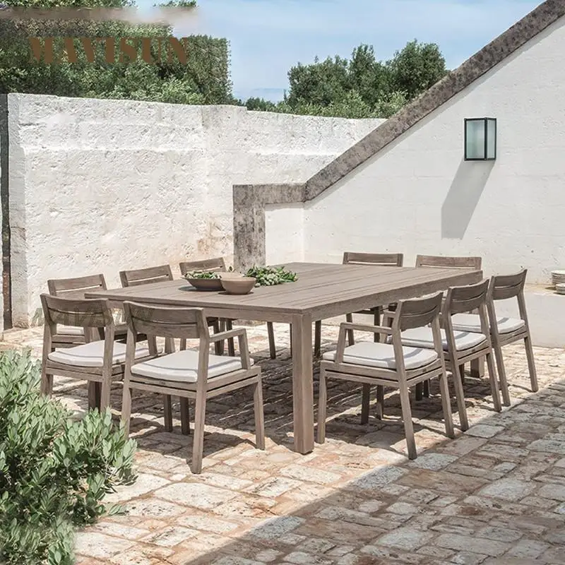 Old-Fashioned Outdoor Solid Wood Dining Table And Chairs Teak Rain-Proof Sunscreen Open-Air Villa Leisure Garden Furniture