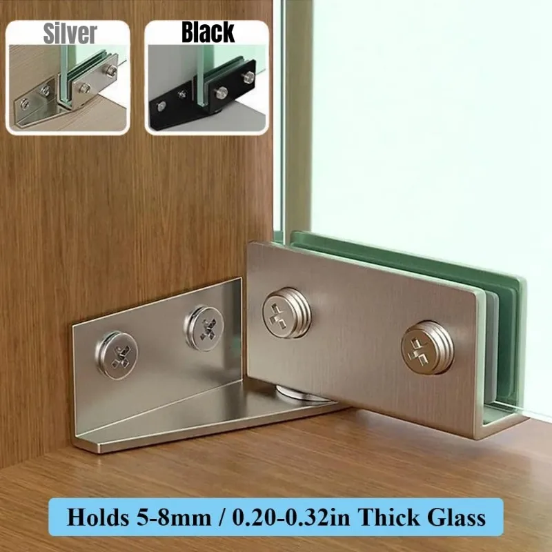 2Pcs Non-perforated Glass Door Hinges Stainless Steel Hinge Side Mounted Glass Clips Display Cabinet Glass Brackets Glass Clamps