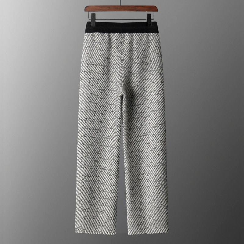 High Quality Autumn Winter Men Wool Trousers New Style Jacquard Drawstring Straight Cashmere Pants Man 100% Merino Wool Trousers