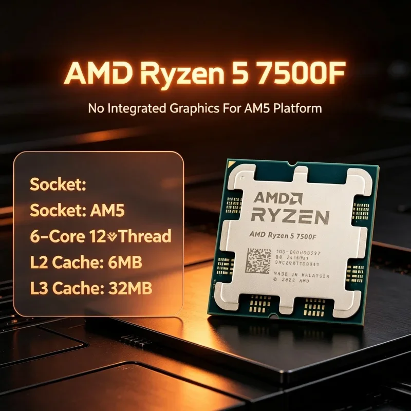 AM5 CPU AMD Ryzen 5 7500F 6C12T 3.7GHz 5.0GHz 32MB L3 65W Processor for AM5 DDR5 Build