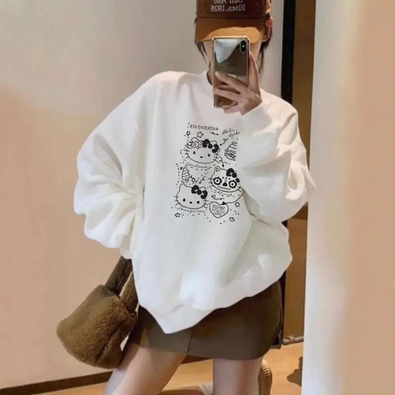 T-shirt da donna a maniche lunghe ad asciugatura rapida American Retro Kitty Cat in primavera e autunno, nuovo top stile college ampio e pigro