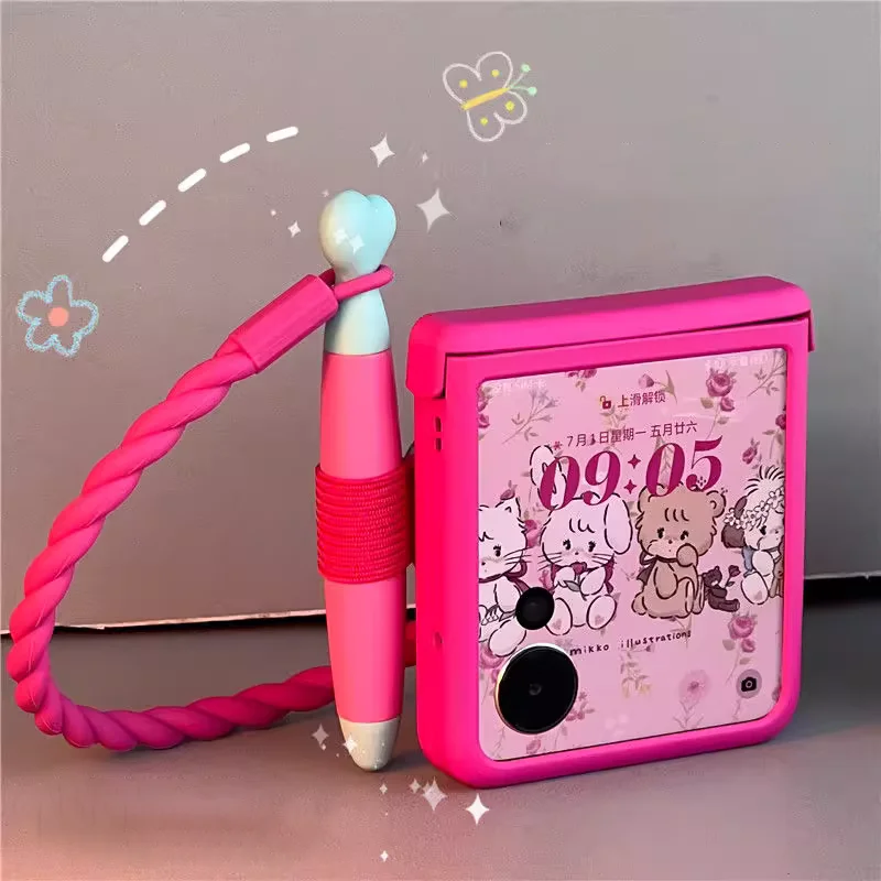 

Cute flip phone case for Honor Magic V Flip Case with stylus and hand strap women rose red hard cover