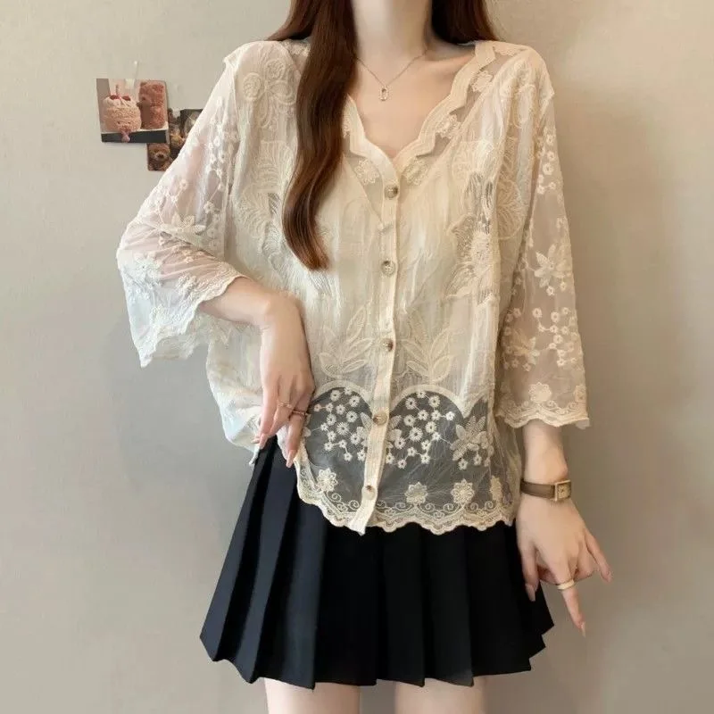 Women Summer Thin Transparent Embroidery Lace Mesh Blouse Shirt Vintage V-neck Crochet Button Cardigan Boho Style Sheer Clothing