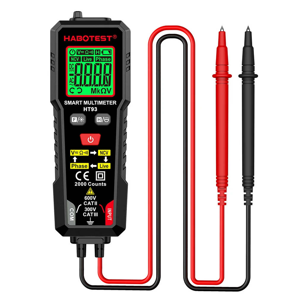 HT93 Digital Multimeter TRMS 2000 Counts Auto-Ranging AC/DC Voltage Resistance Tester with NCV Live Wire/Continuity Test