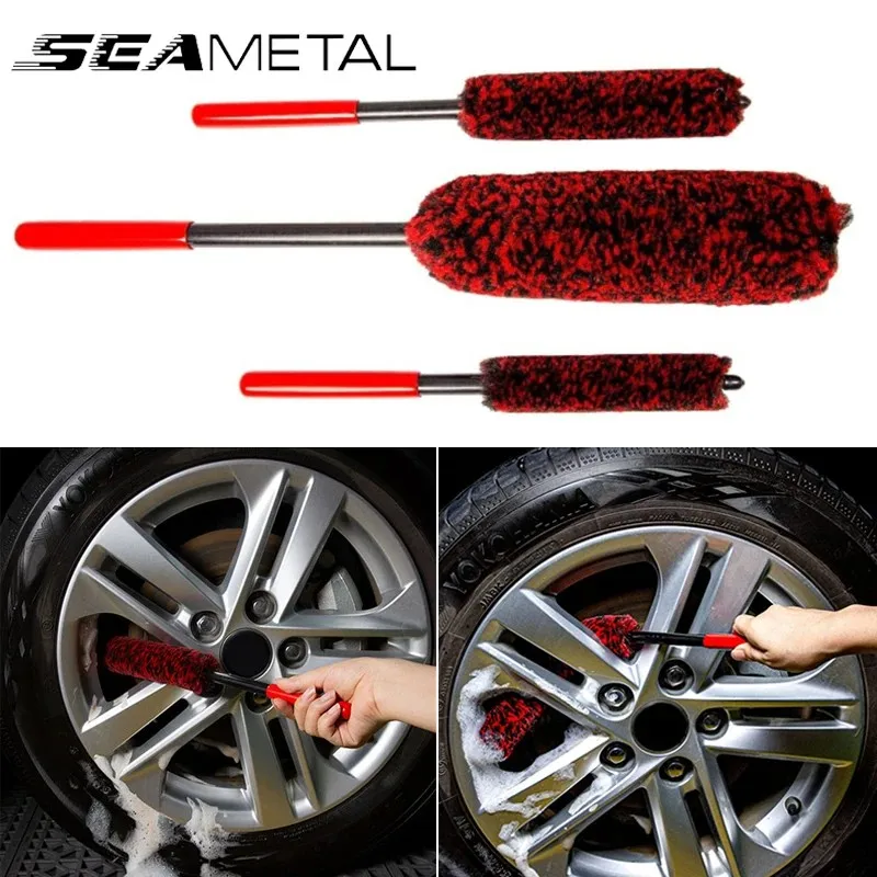 SEAMETAL Car Wheel Cleaning Brush Woolies Plush Car Rim Cleaning Brushes With Long Handle Flexible Car Wheel Cleaning Tools