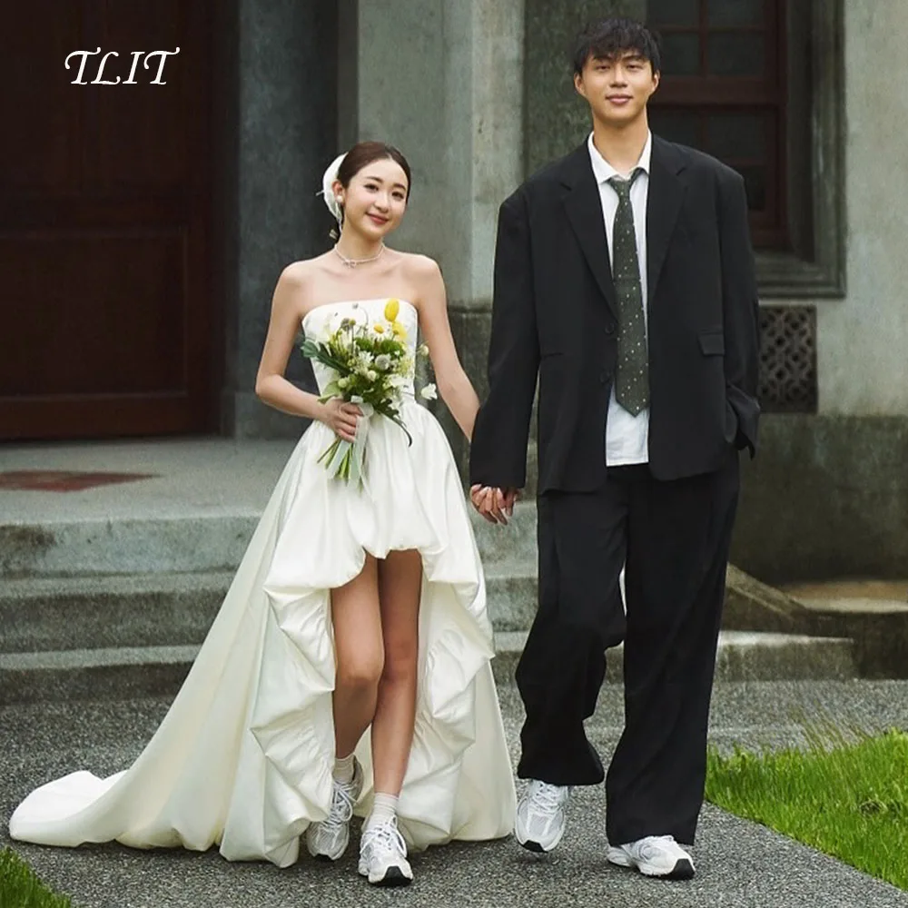 

TLIT Простые белые шелковые атласные свадебные платья HI-LO Индивидуальные свадебные платья без бретелек Корейские свадебные платья Фотосессия