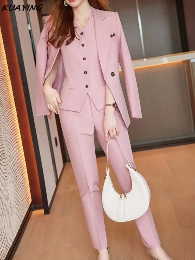 Korean Fashion Women Blazer 3 Pieces Long Sleeve Suit Vintage Jackets Vest + Straight Pants Set Female Chic Business Outfits New