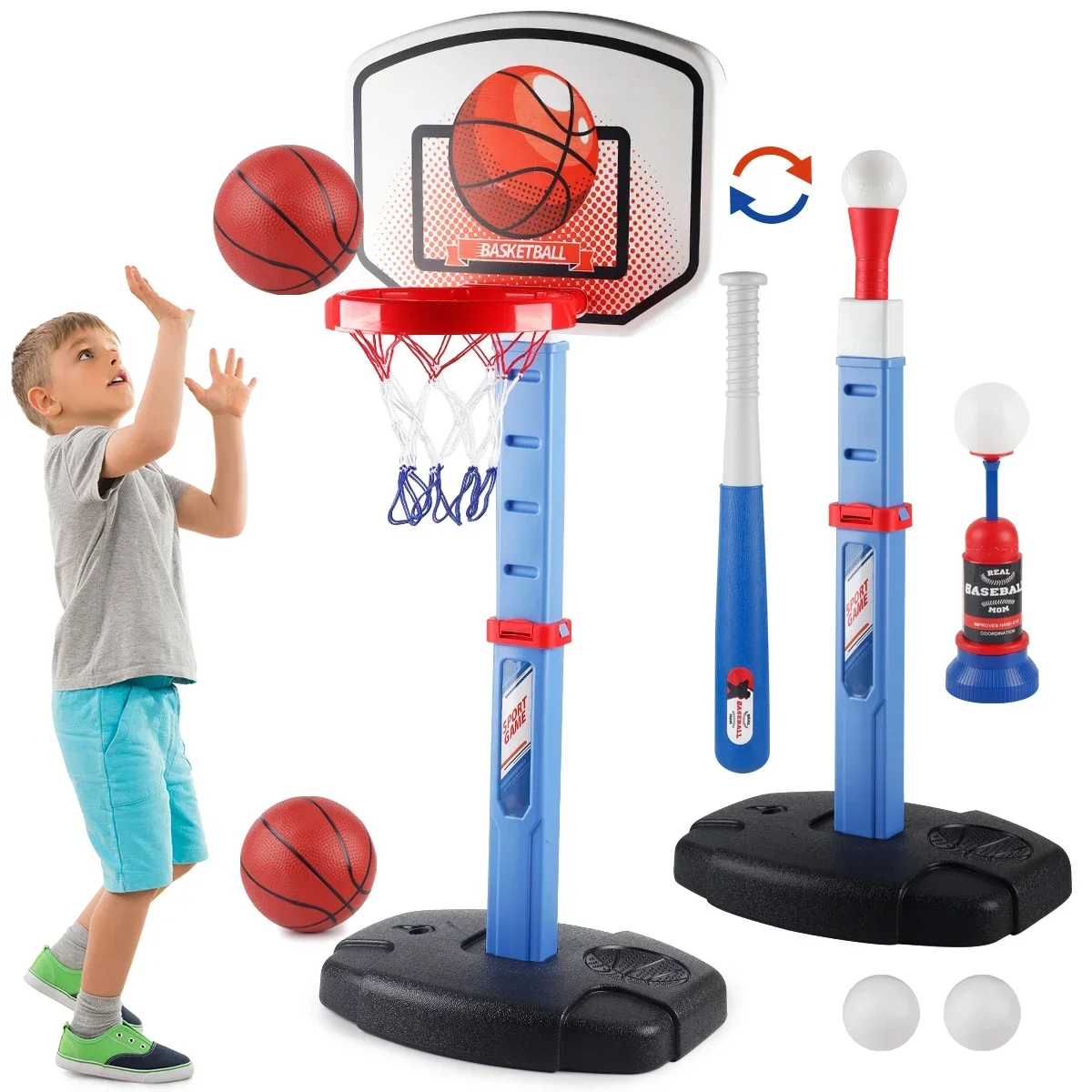 

2-in-1 Basketball Hoop and Baseball Set,Adjustable Height,Kids Baseball Toy with Automatic Pitching Machine,Indoor/Outdoor