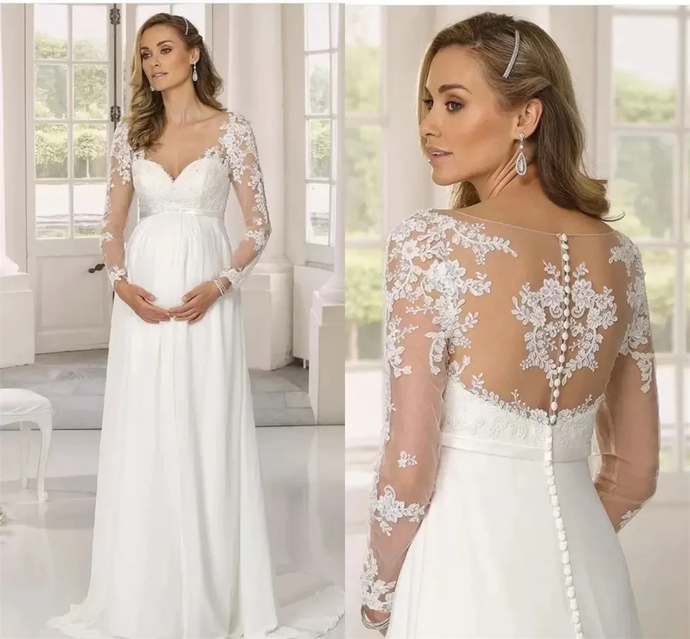 

2024 Maternity Wedding Gowns For Pregnant Women Chiffon A-Line Beach Boho Bridal Dresses Illusion Long Sleeve Lace Appliquesed