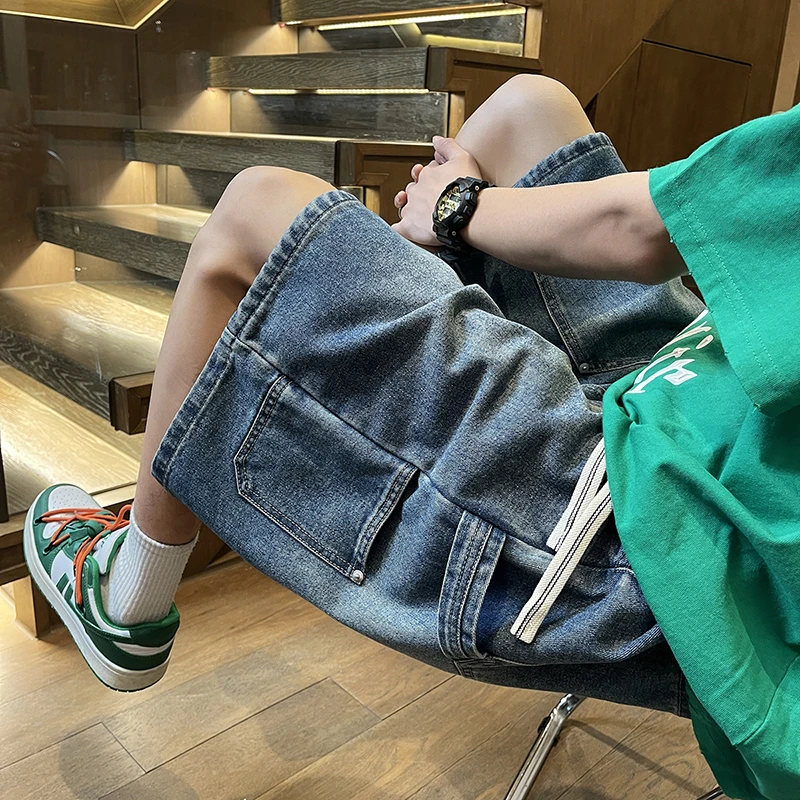 남성용 아메리칸 스타일 멀티 포켓 작업복 데님 반바지, 신축성 드로스트링 허리, 느슨한 스트레이트 레그 5 바지