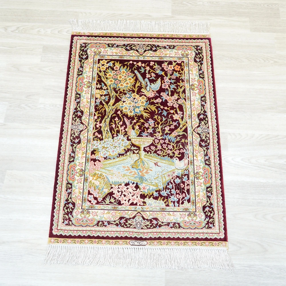 61x91cm Handmade Silk Carpet Red Oriental Home Interior Luxury Area Rug