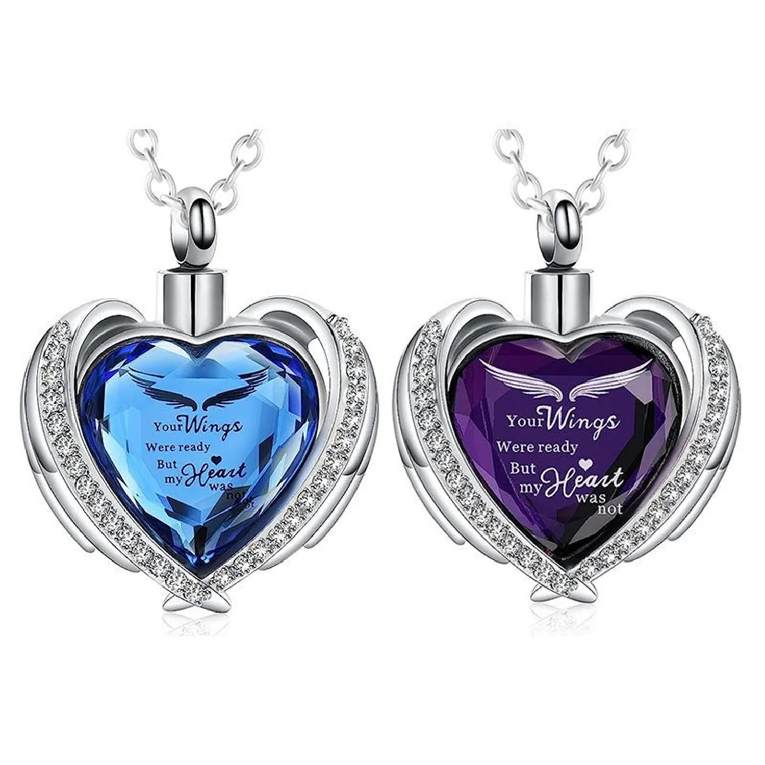 Heart-Shaped Cremation Jewelry Memorial Urn Pendant - Stainless Steel Keepsake for Ashes/Hair with Purple & Blue Glass