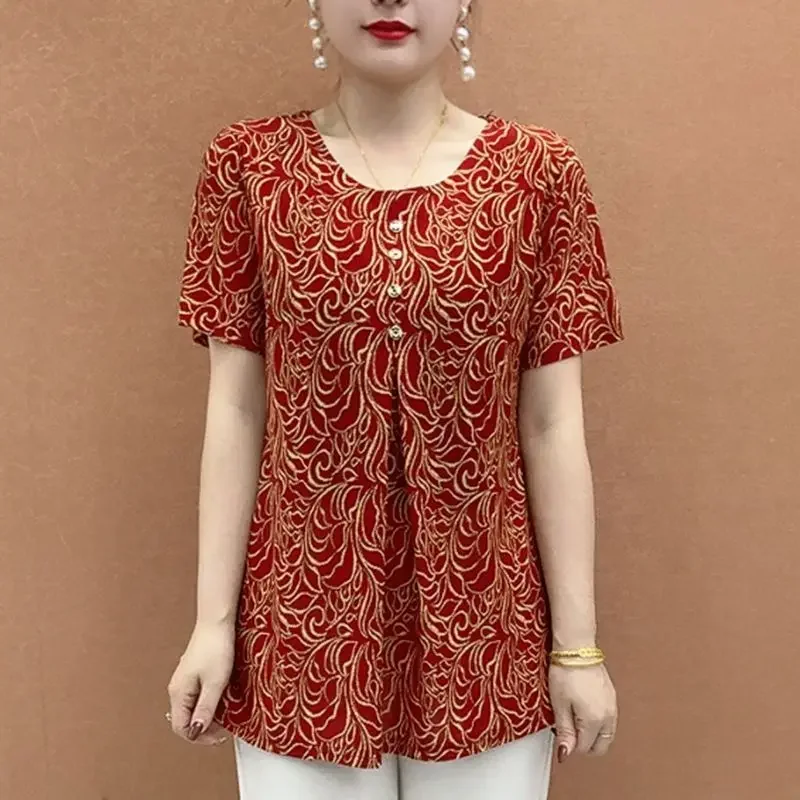 Summer Short-sleeved T-shirt Elderly Women Loose Belly-covering Tops