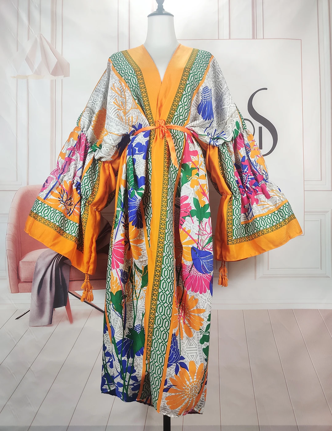 Europe Fashion 2023 Autumn Orange Cotton Printed Puff Sleeves Long Kimonos Causal African Women Vacation Long Cardigans