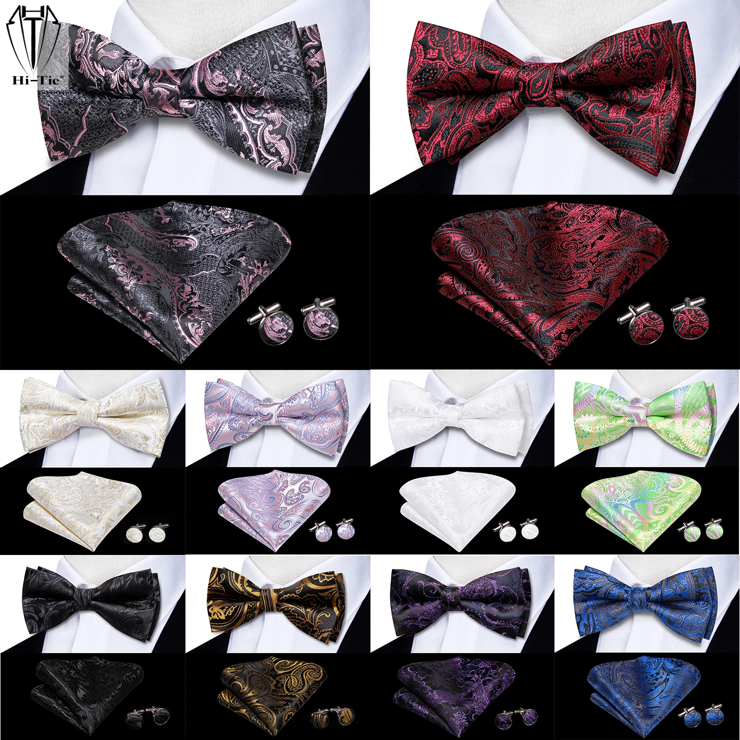 Hi-Tie 60 Colors Silk Mens Bowtie Jacquard Woven Adult Bow Tie Hanky Cufflinks Set Pre-tied Butterfly Knot Wedding Party Gift