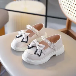 Girls Princess Leather Shoes Fashion Sweet Pearl Bowknot Children's Flats Spring Autumn Glossy Kids Mary Jane Shoes Thick Bottom