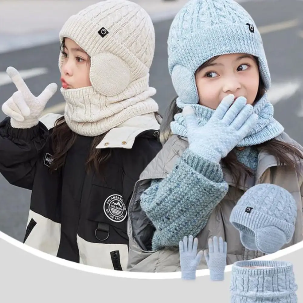 

3Pcs/Set Fashion Solid Color Hat Scarf Gloves Set Coldproof Winter Pullover Hat Warm Earflap Ear Protection Caps Children