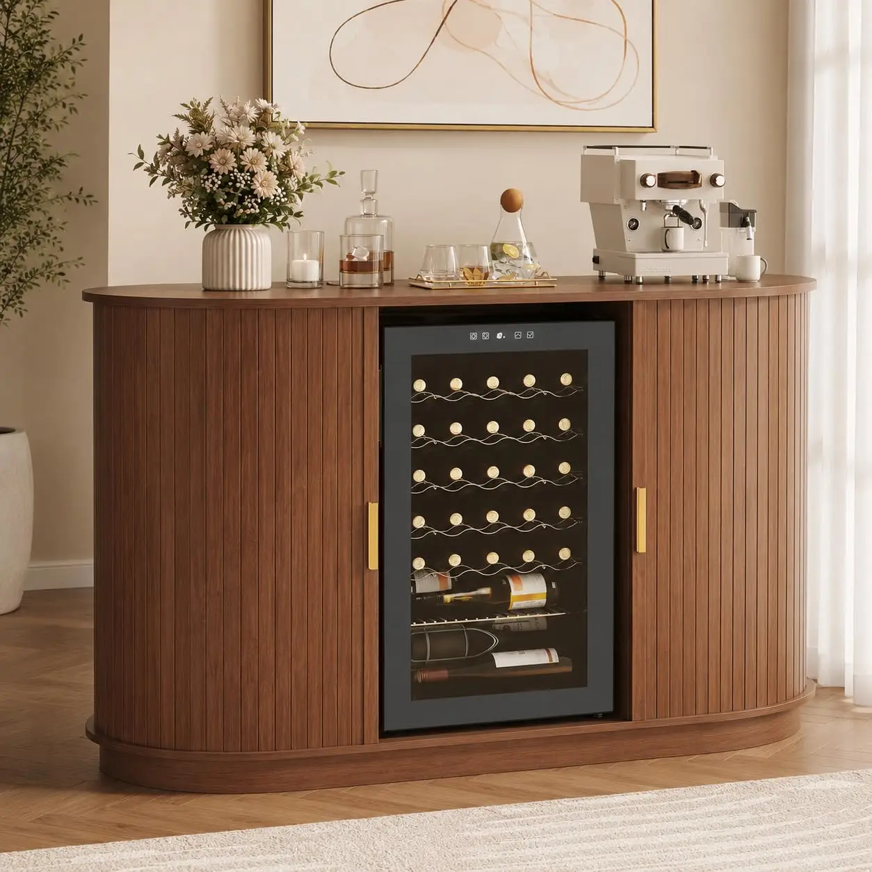 Coffee Bar Cabinet with Mini Fridge Space, Wine Cabinet, Brown, Customized