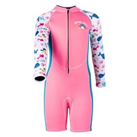 Kids Girls Professional Wet Suit Cute Fish Printed Long Sleeve Color Block Thigh Length Jumpsuit Thermal Front Zipper Bodysuit