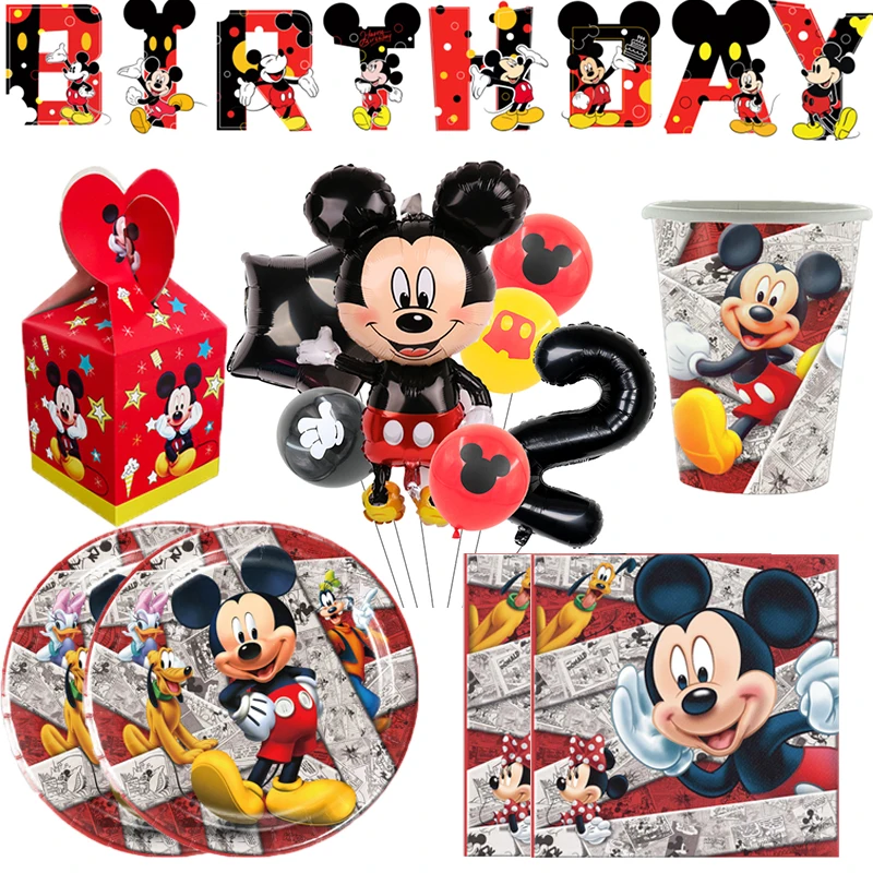 Suministros de fiesta de Mickey Mouse para niños, decoraciones de fiesta de cumpleaños, juego de vajilla, plato de papel, servilleta, Pancarta,