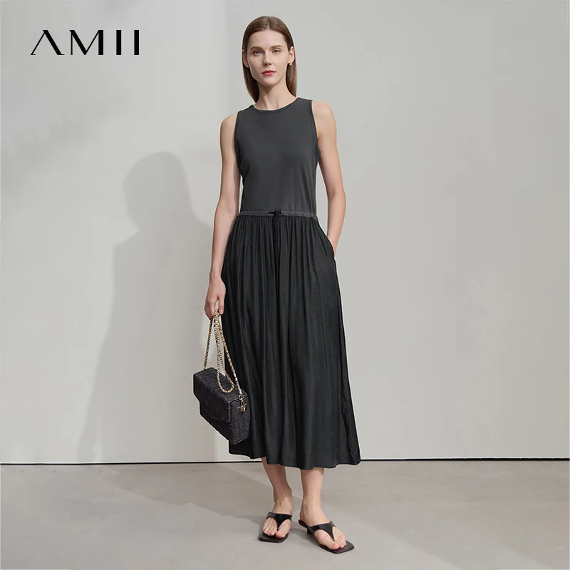 

Amii Minimalist Casual Gray Dress Women 2025 Summer New Office Lady O-Neck Splicing Sleeveless Slim Tie Waist Long Dress 2522070