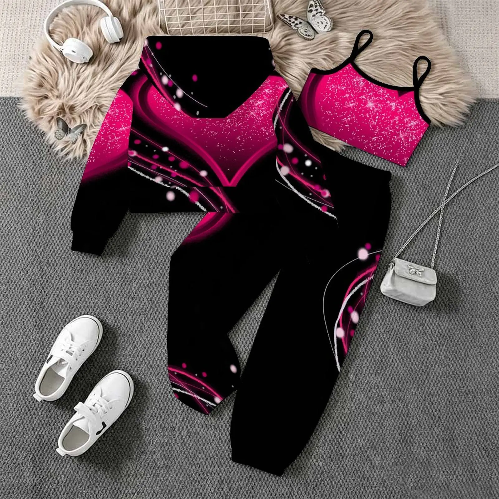 Everyday Vest Daily Pants Children's Jogging Pants Casual Pants Autumn Winter Girls' Printed Three Piece Fashion Coat