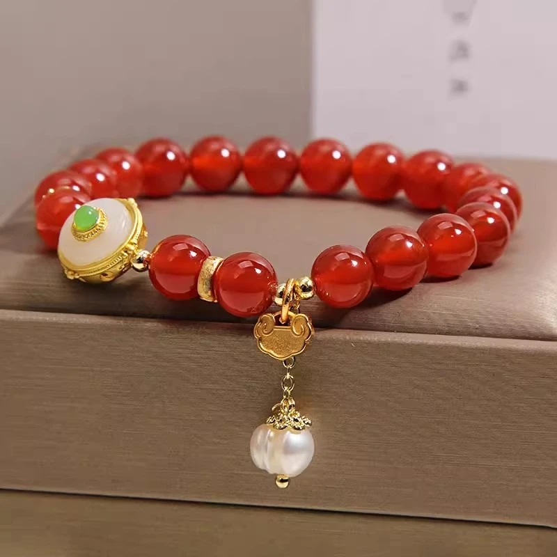 New Chinese style natural red agate bracelet for women, gourd pendant for the year of the zodiac, wealth transfer bracelet