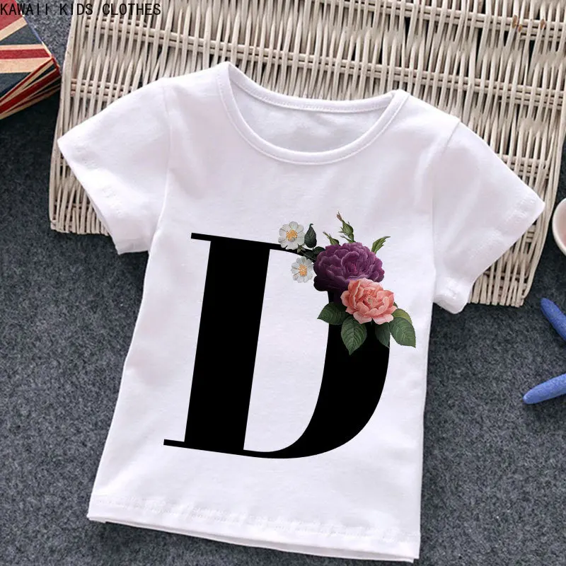 

2024 New T-shirt Fashion Alphabet A-z Girls Tshirts Harajuku Retro Boy Tshirt Flowers Element Nice Round Neck Kids Tshirt