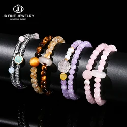 JD Natural Stone 2-Layer Beaded Bracelet Yellow Tiger Eye Stone Citrine Round Ring Strand Elastic Bangles Wrist Wealth Jewelry