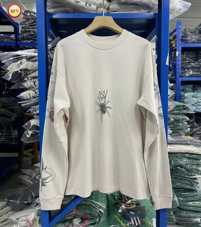 

Saint 25SS Spider Pattern Distressed Long-Sleeved T-Shirt Men's & Women's Autumn Streetwear Crew Neck Oversized Long-Sleeved TEE