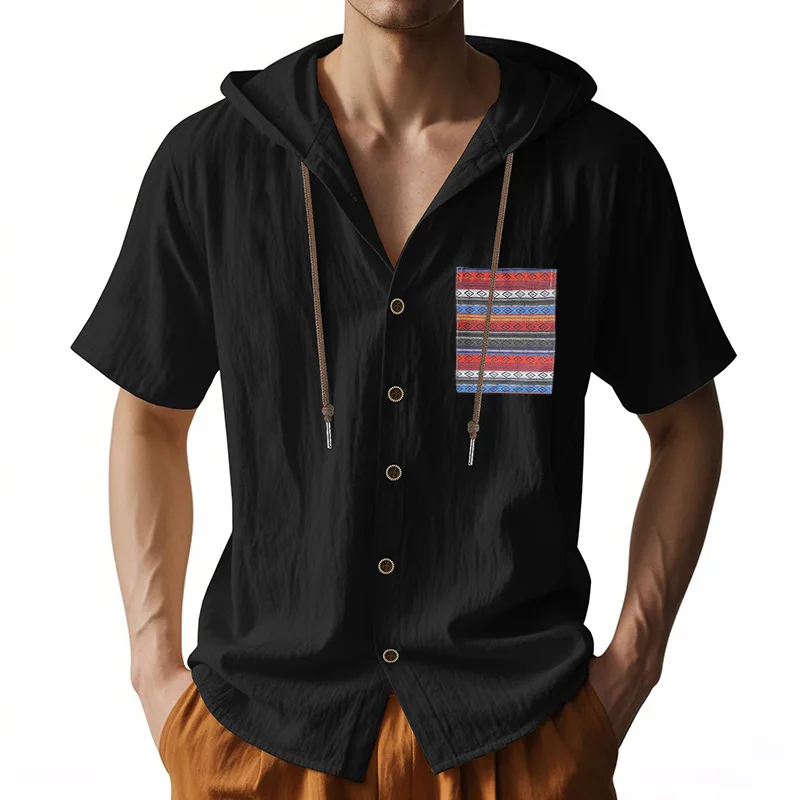 2025 Summer New Men's Shirt Hawaiian Style Chest Bag Thin Breathable Linen Loose and Hooded Cardigan Short Sleeve Shirt Men