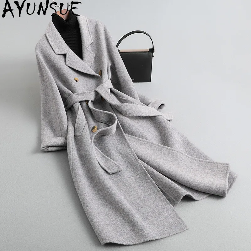 

AYUNSUE 93.2% Wool 6.8% Alpaca Coats Women Belt 2025 Winter Clothes Elegant Jacket for Woman Long Trench Coat Jaqueta Feminina