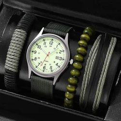 4Pcs/set Men's Sports Fashion Calendar Minimalist Nylon Belt Quartz Watch And Bracelet Set Ramadan Gift Set