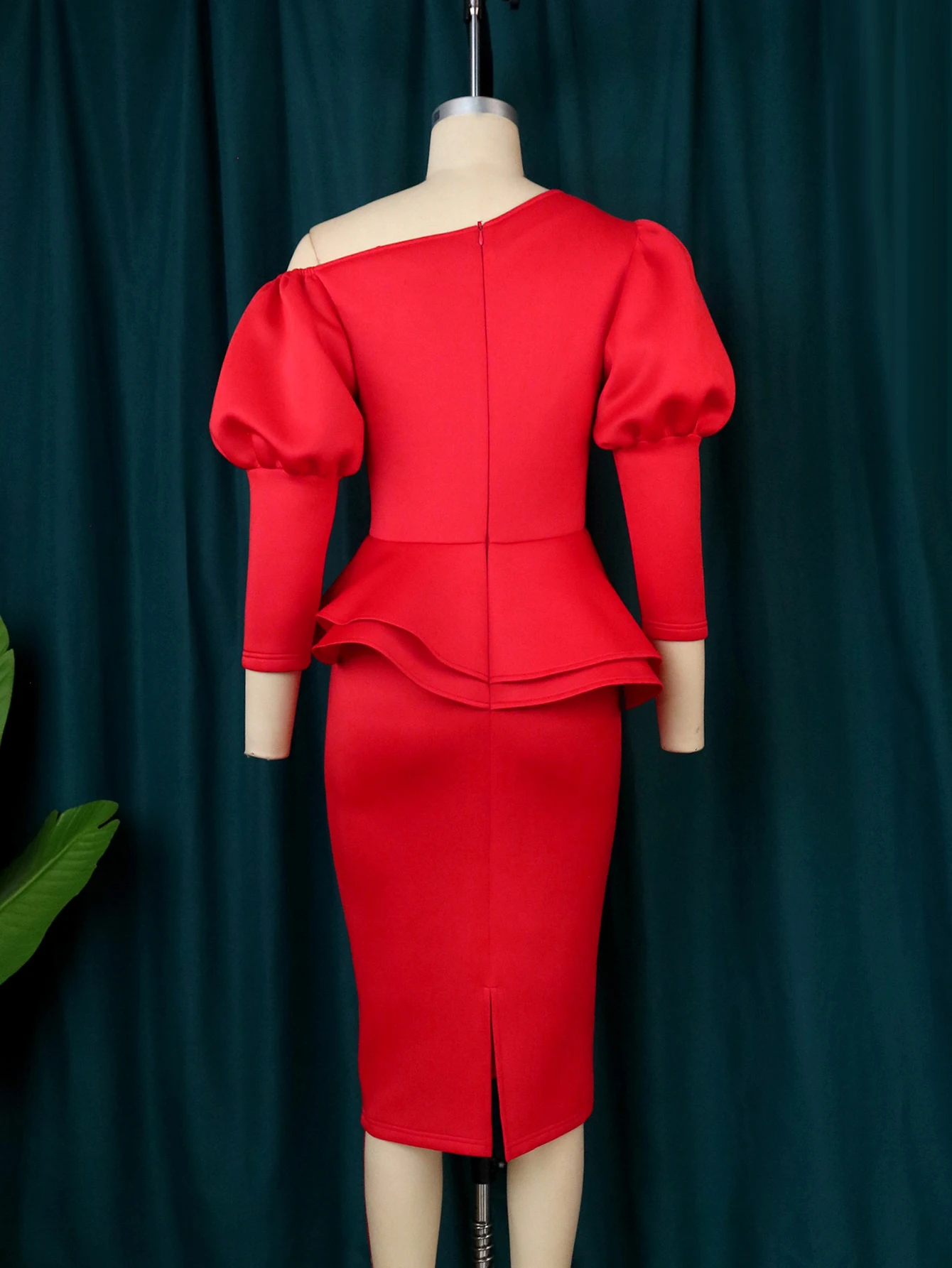 ONTINVA Red Peplum Dresses Plus Size 4XL Cold Shoulder Puff 3/4 Sleeve Christmas Trim Ruffles Evening Birthday Event Gowns