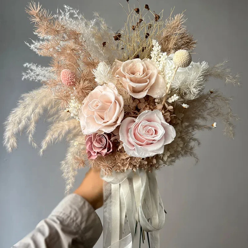 Bridal Bridesmaid Wedding Bouquet Pampas Grass Babybreath Flowers Roses Handmade Bride Mariage Bouquet Wedding Accessories