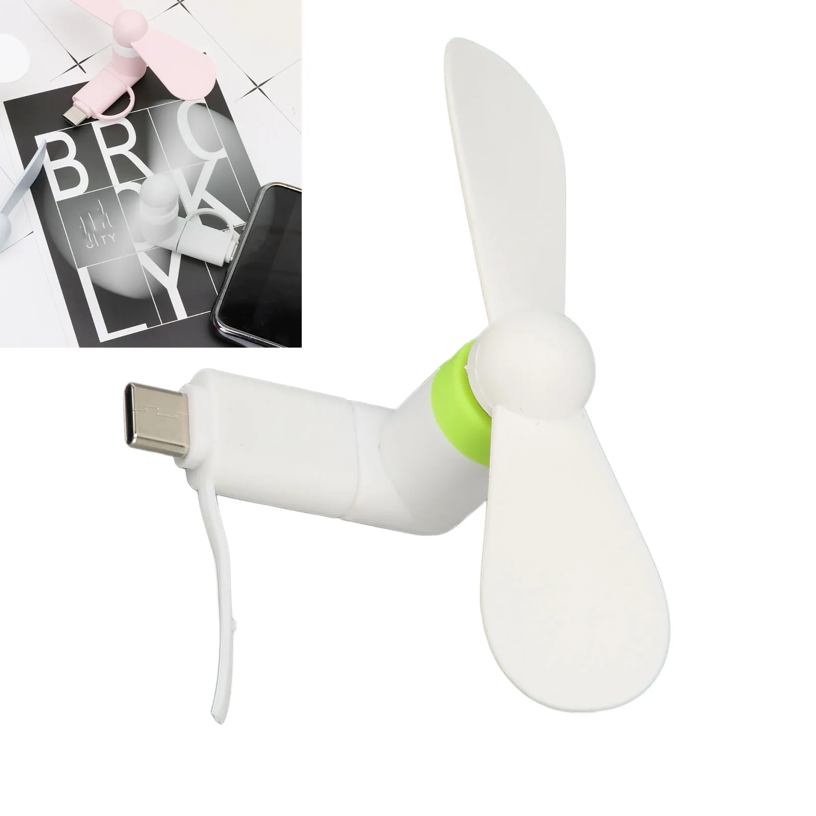 مروحة هاتف محمول صغيرة 2 في 1 مروحة هاتف ذكي متوافقة مع واجهات USB من النوع C مروحة USB للهاتف الأبيض 2 في 1 مروحة هاتف