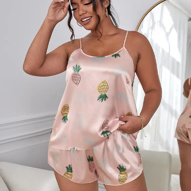 Large Size 5XL Pajamas Set Women\'s Sexy Suspender Tops Shorts Two-piece Sleepwear Pineapple Print Casual Home Clothes Loungewear