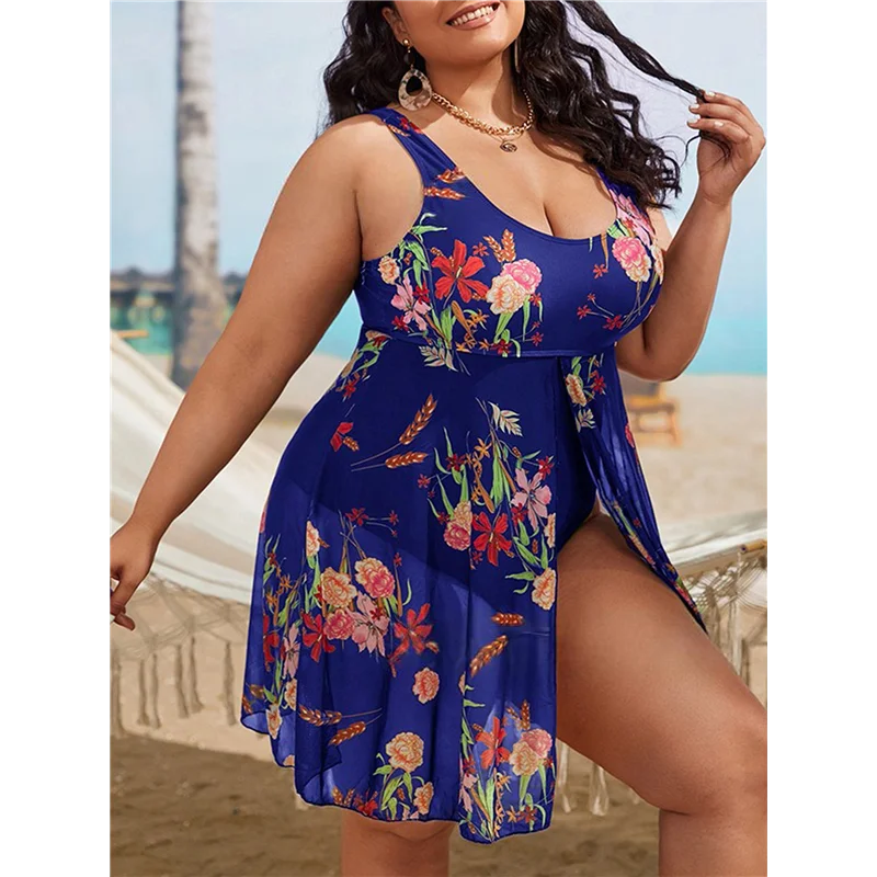 ABRT-Women's Plus Size U Neck Printed Tummy Control Side Split Swim Dress 2025 Summer Tankini Swimsuits