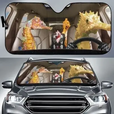 Funny Seahorse Family Left Hand Drive Car Sunshade, Family Seahorse Sea Animals Driving Auto Sun Shade, Gift for Seahorse Lover