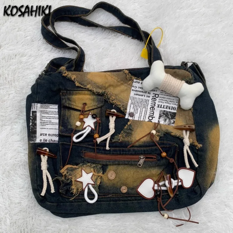 

Vintage Harajuku Zipper Denim Shoulder Underarm Bag All Match Grunge Y2k Streetwear Handbags 2025 Casual Shopping Bags for Women